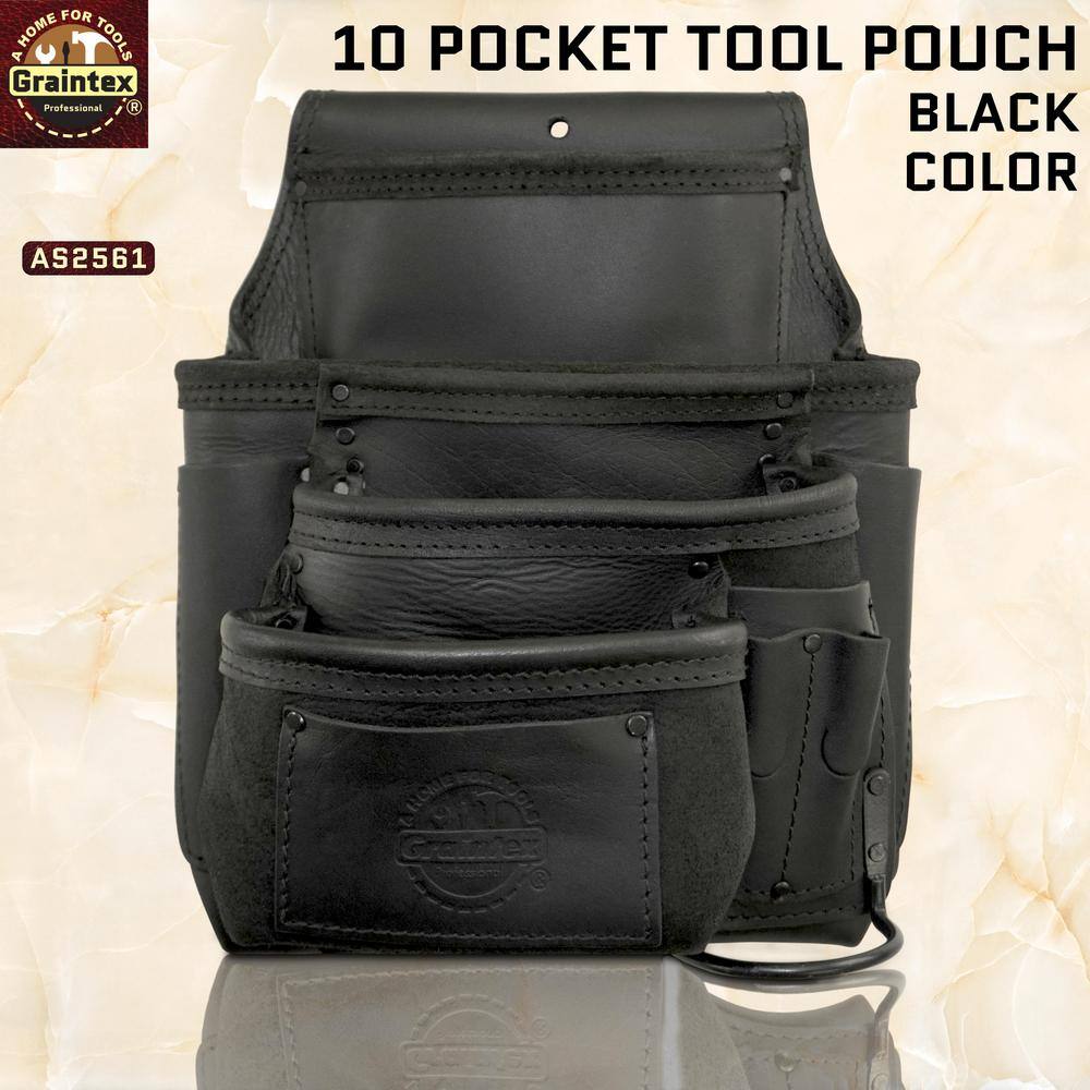 10-Pocket Left Handed Ambassador Series Black Top Grain Leather Nail and Tool Pouch - Hercitys