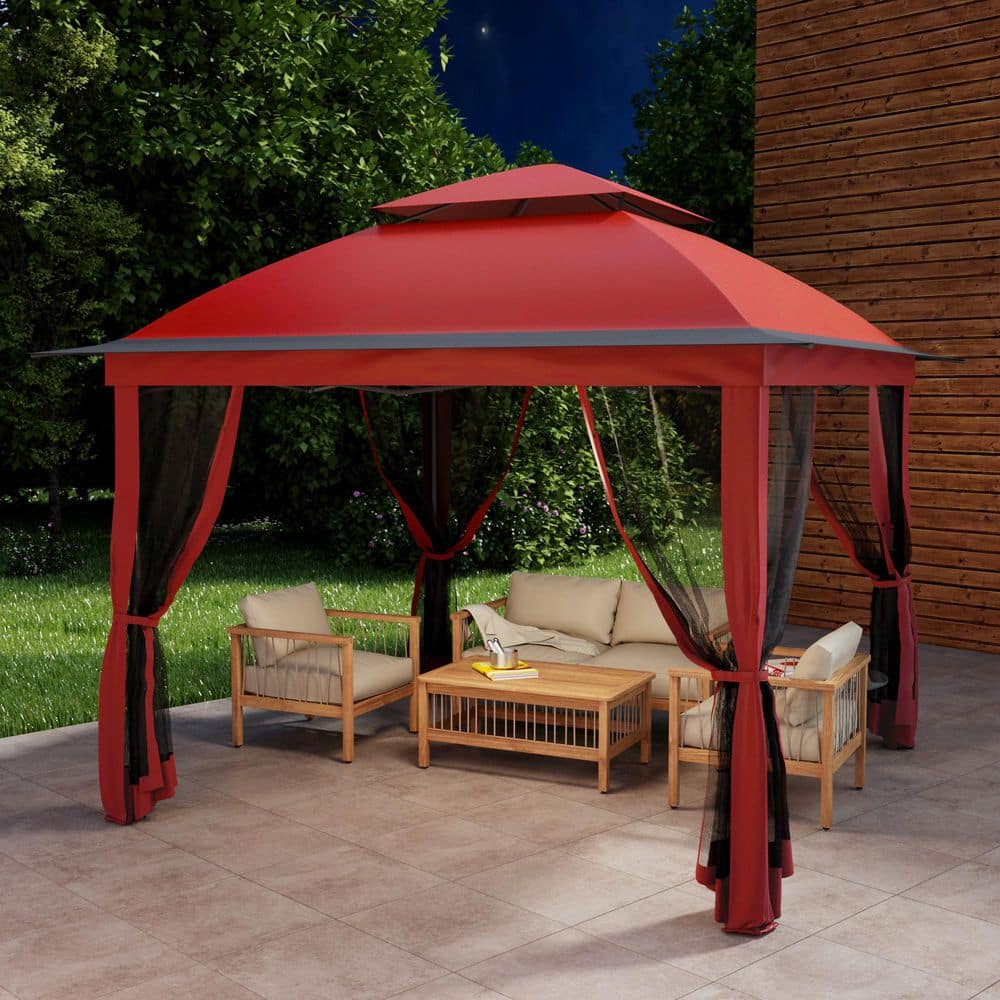 11 ft. x 11 ft. Pop-Up Steel Gazebo with Vented Double Roof, Mosquito Netting, and Carry Bag - Hercitys