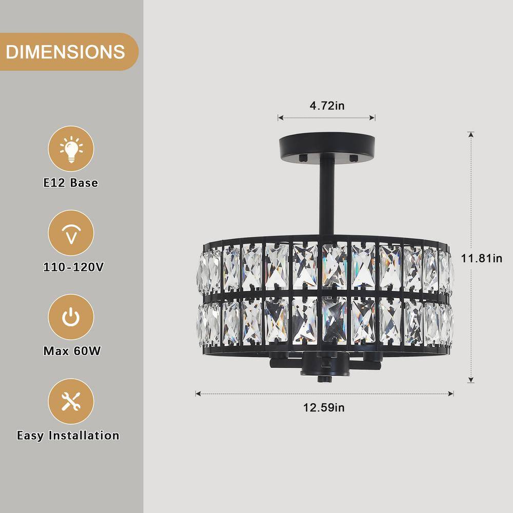 12.59 in. 3-Light Chrome Round Drum Semi-Flush Mount Ceiling Light with Clear Crystal and No Bulbs Included - Hercitys