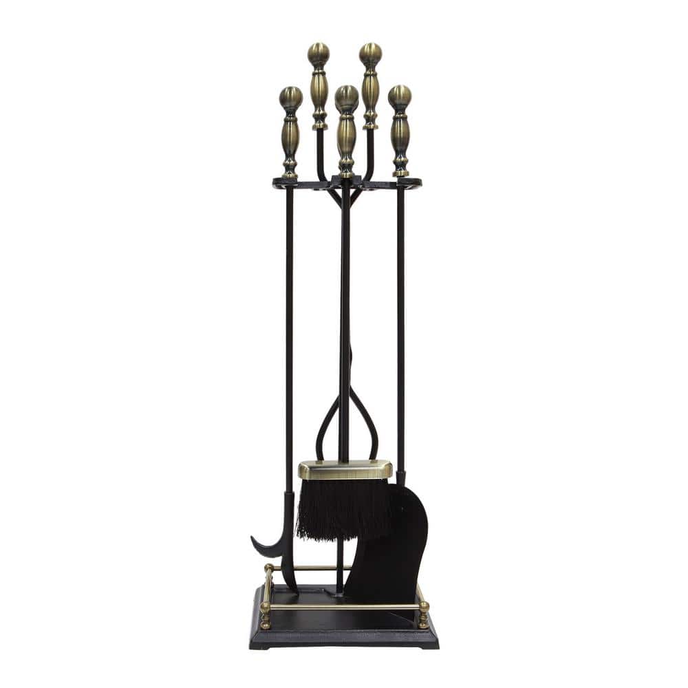 30.5 in. Tall 5-Piece Black and Antique Brass Oxford Fireplace Set Tool - Hercitys