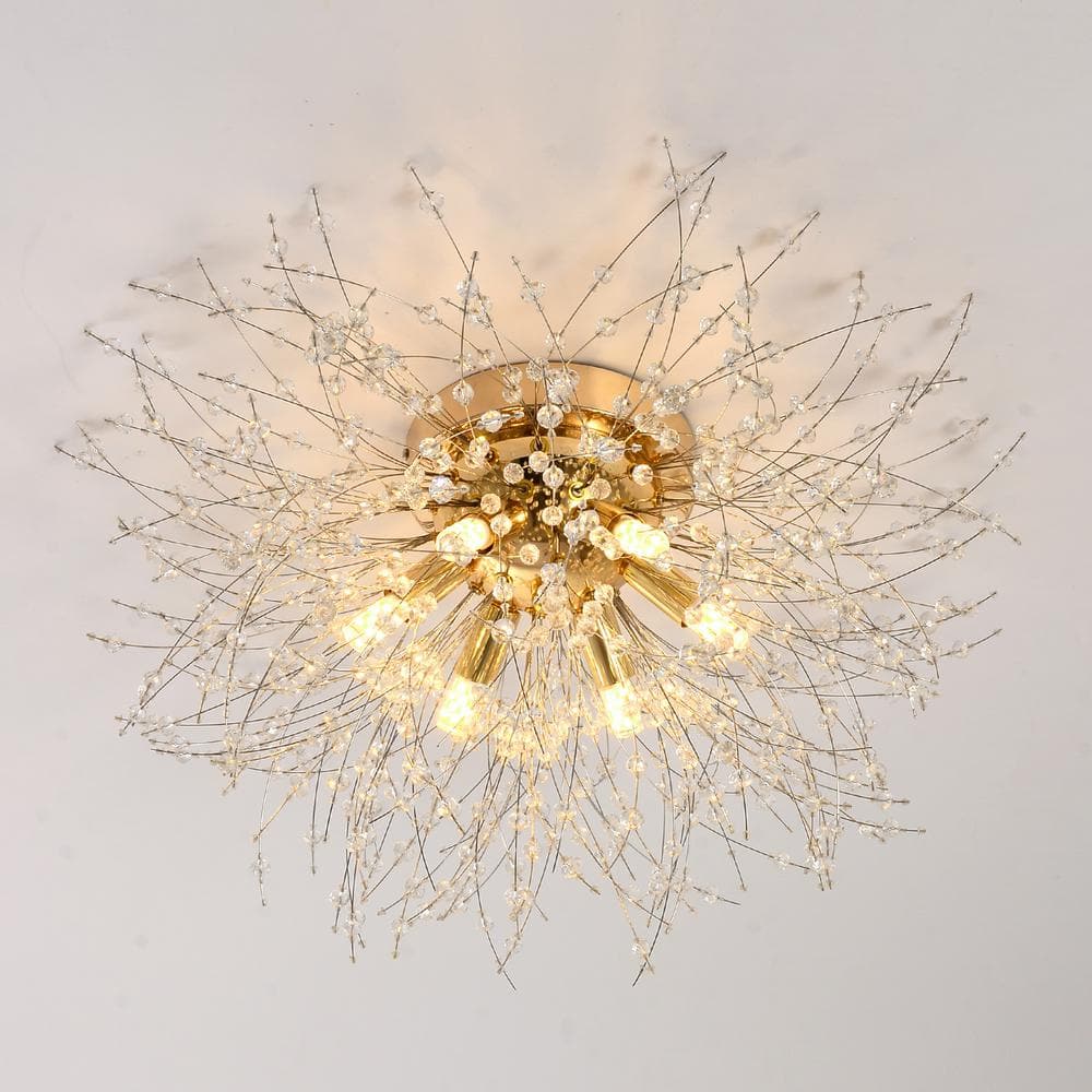 19.7 in. W 6-Light Gold Modern Sputnik Firework Crystal Chandelier Flush Mount Ceiling Light - Hercitys
