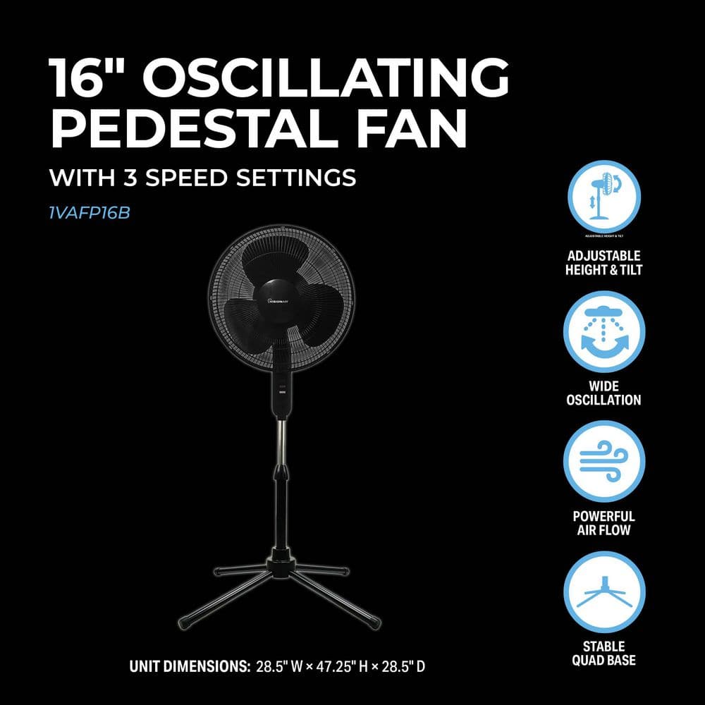 16″ Oscillating Pedestal Fan Black - Hercitys
