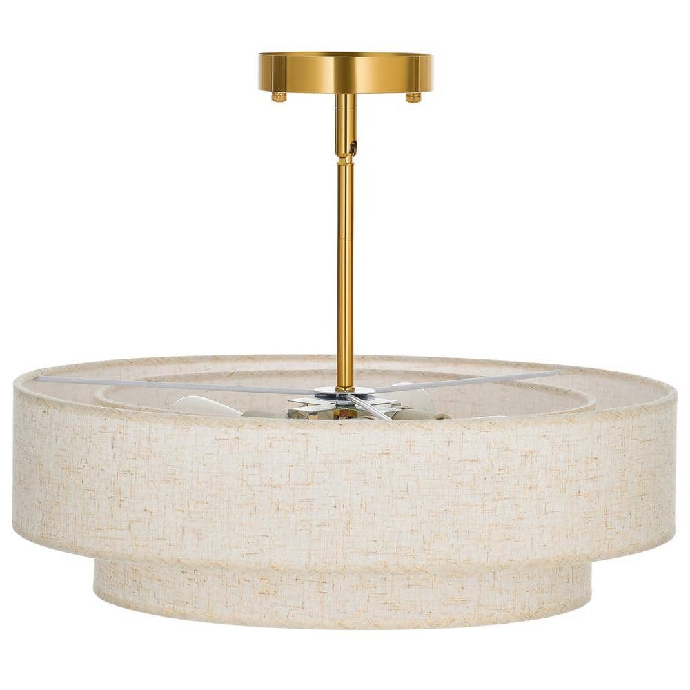 18 in. 4-Light Antique Brass Semi-Flush Mount Ceiling Light Fixture Drum Pendant Light with 2-Layer Fabric Shade - Hercitys