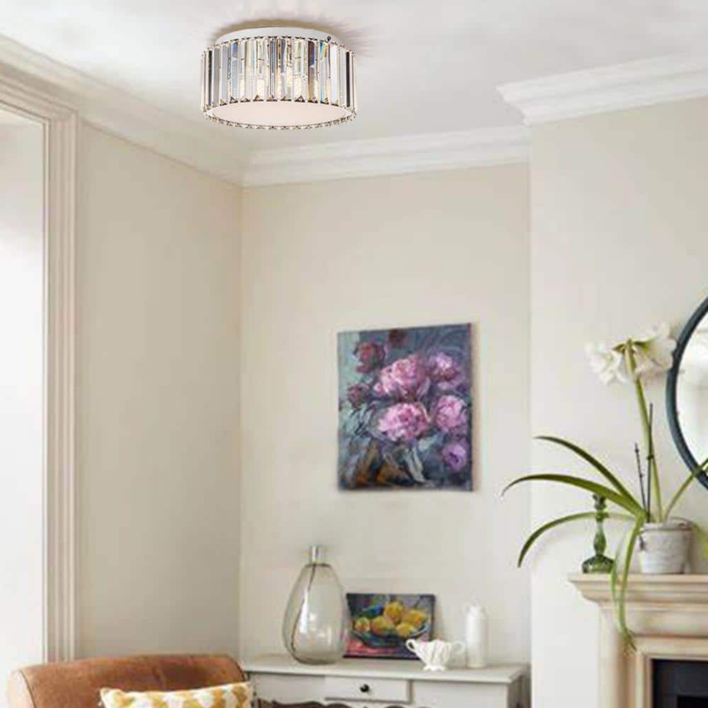 12 in. Modern 5-Light Round Silver Crystal Flush Mount Chandelier Wide - Hercitys