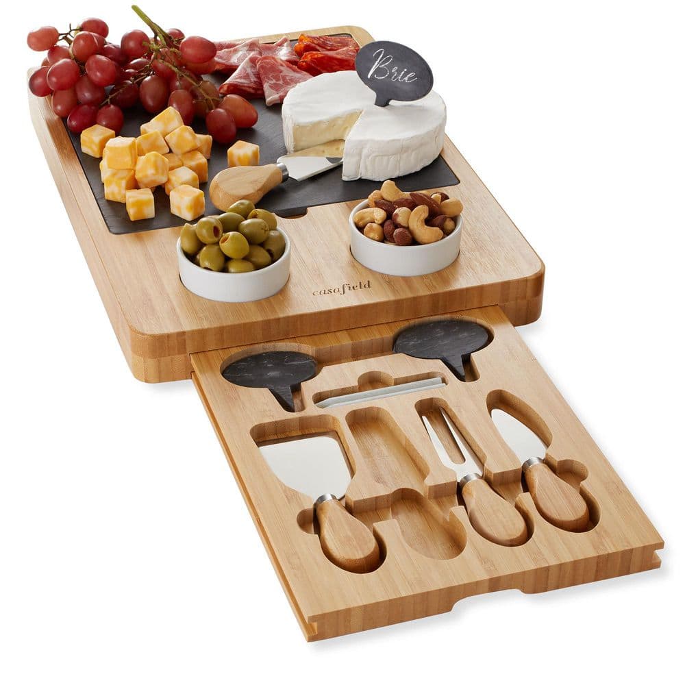 15.25 in. Traditional Natural Brown Bamboo Cheese Board Charcuterie Gift Set with Cheese Knives and Dip Bowls - Hercitys