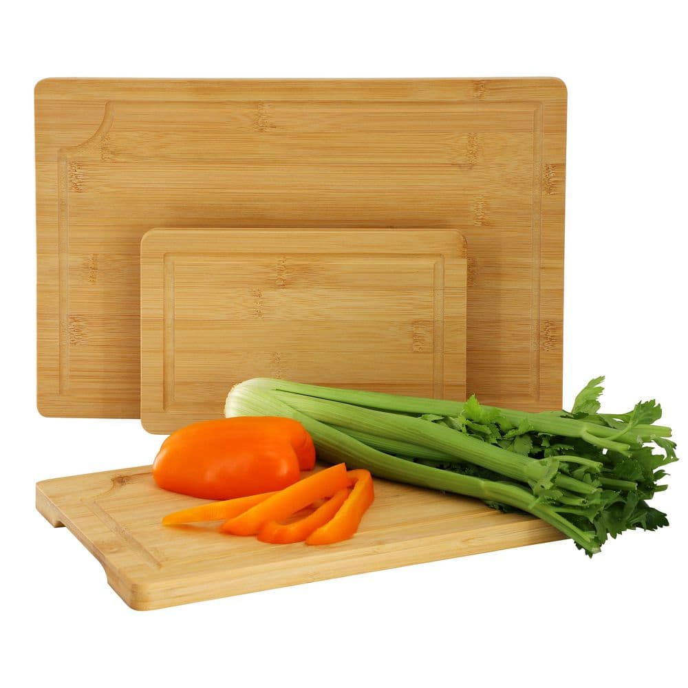 3 Piece 9 in., 12 in., and 15 in. Bamboo Wood Cutting Board Set with Juice Grooves - Hercitys