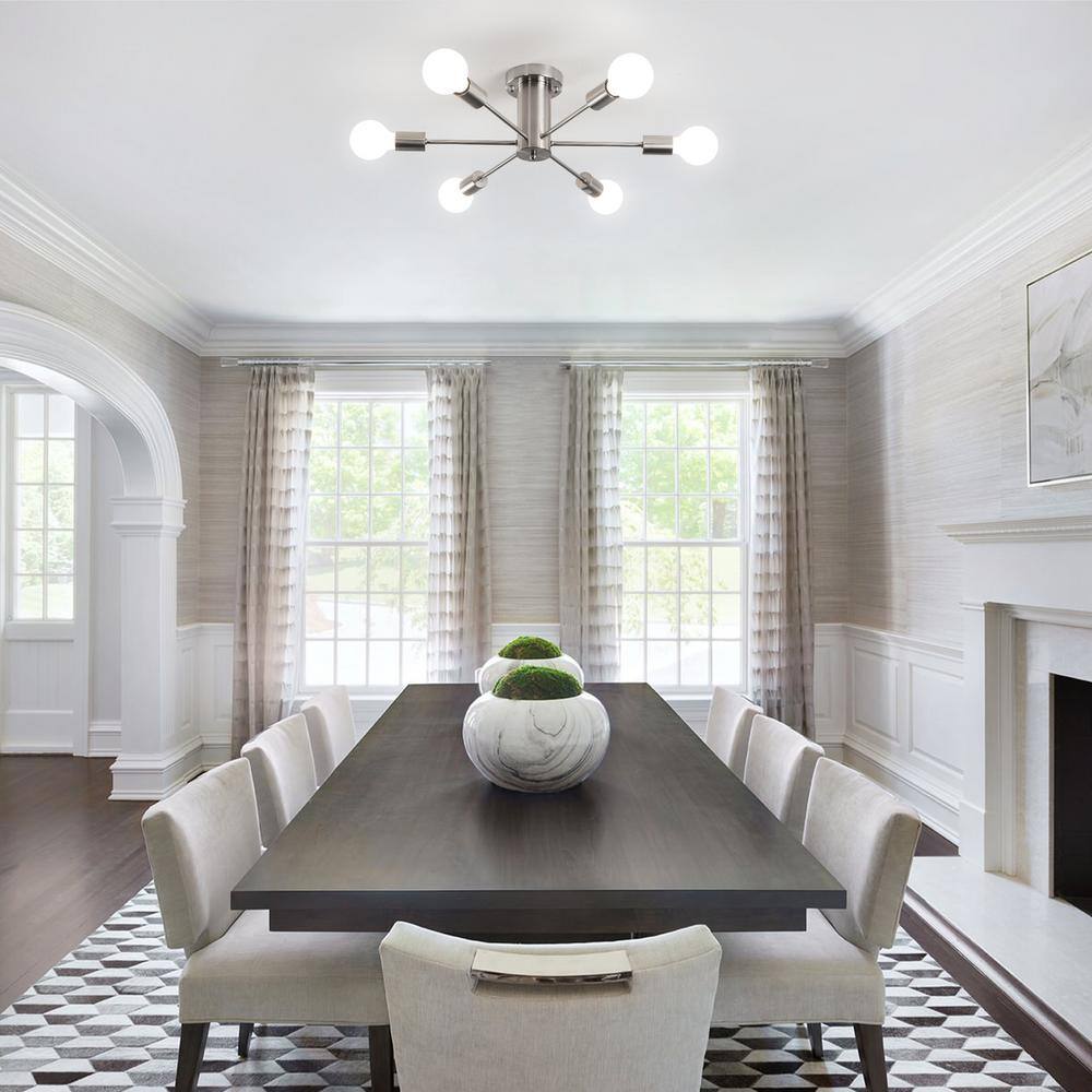 21.84 in. 6-Light Nickel Sputnik Transitional Flush Mount Ceiling Lights - Hercitys