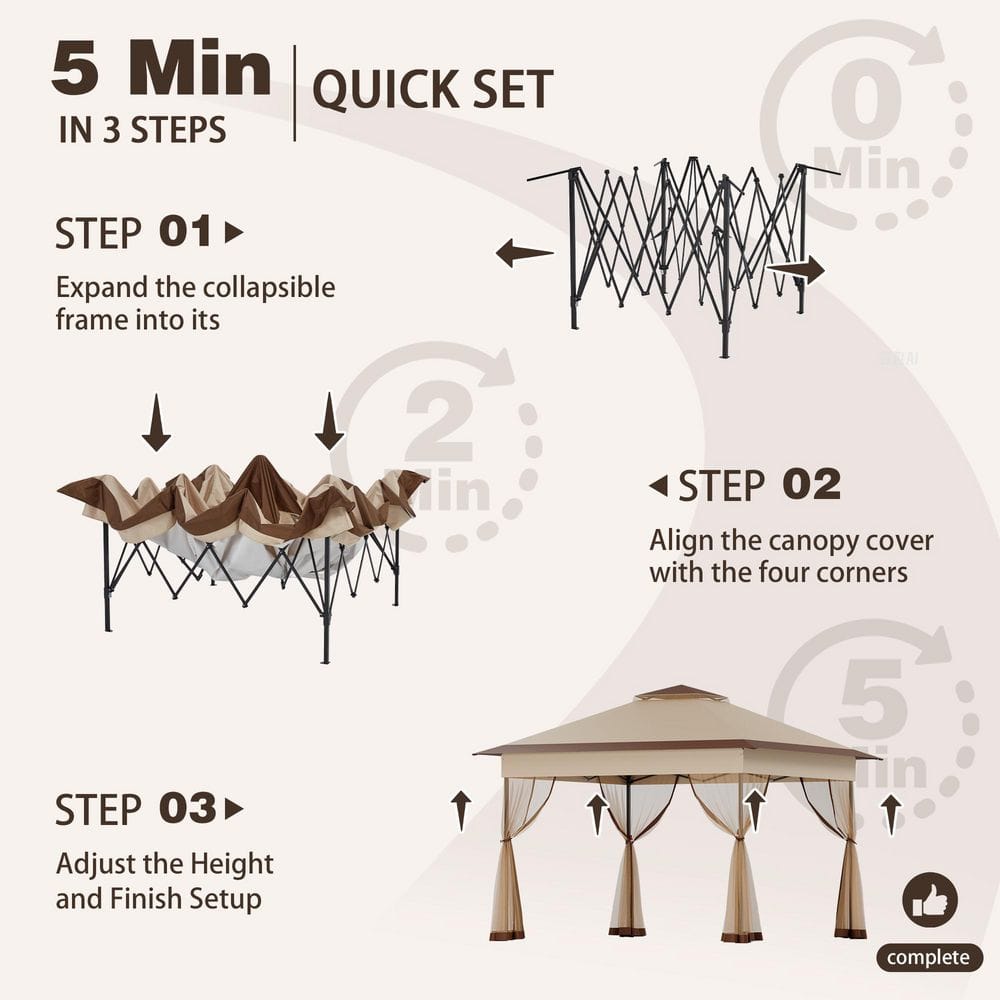 11 ft. x 11 ft. Khaki Pop-Up Gazebo Tent with Mosquito Netting - Hercitys