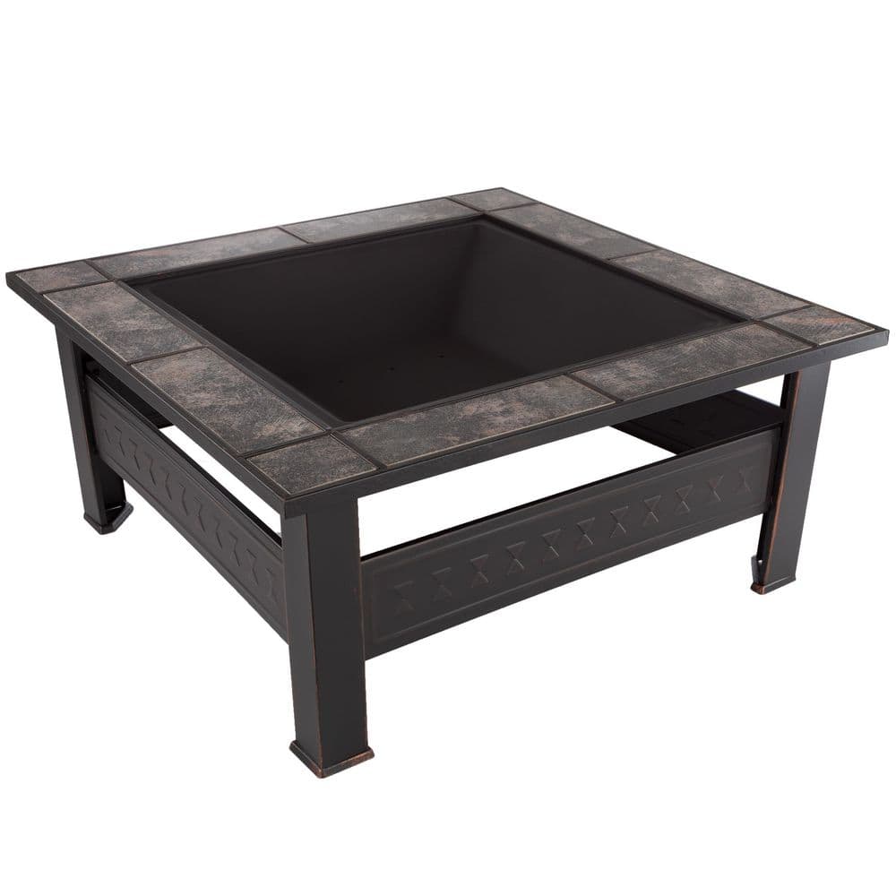32 in. Steel Square Tile Fire Pit with Cover - Hercitys