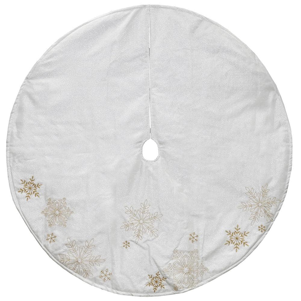 48 in. Gold and White Snowflake Embroidered Christmas Tree Skirt - Hercitys