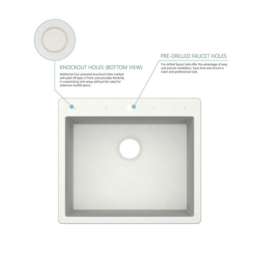 25 in. Drop-In/Undermount Single Bowl White Quartz Kitchen Sink - Hercitys