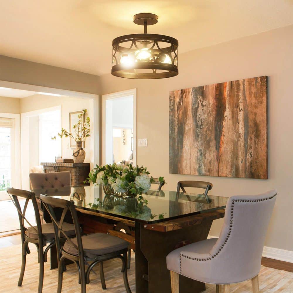 12.6 in. 3-Light Black Farmhouse Drum Semi-Flush Mount Light with Metal Shade - Hercitys