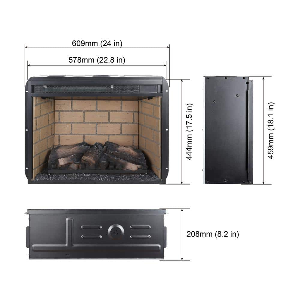 24 in. Wall Mount Electric Fireplace Insert in Black with Tempered Glass, Brick - Hercitys