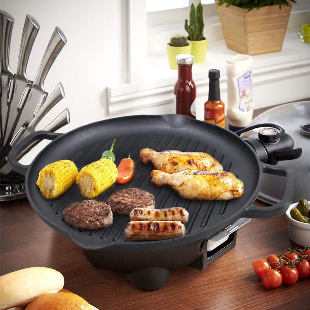 12.6 in. Round Grill Pan with Dual Handles, Pre-Seasoned Cast Iron Griddle Pan for BBQ and Stove Top Cooking - Hercitys