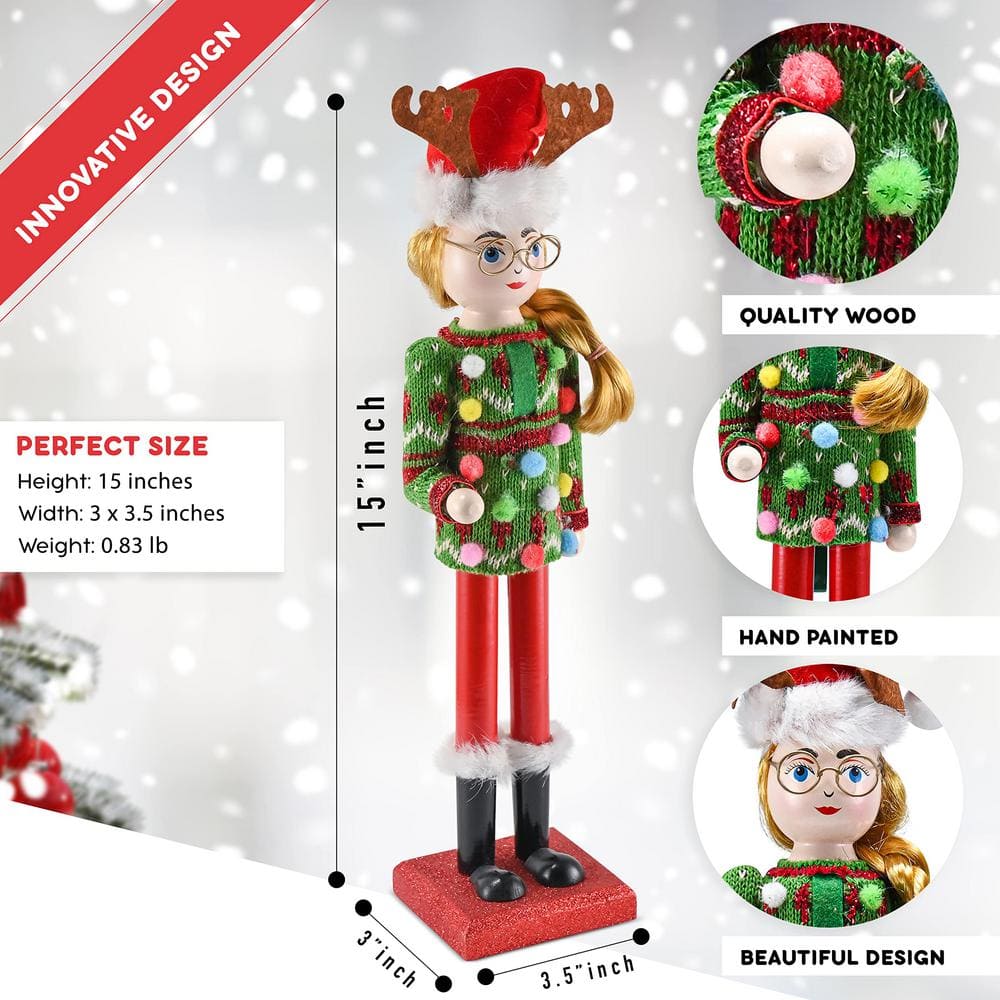 15 in. Wooden Christmas Ugly Sweater Nutcracker -Red and Green Nutcracker Girl with an Ugly Sweater and Reindeer Hat - Hercitys