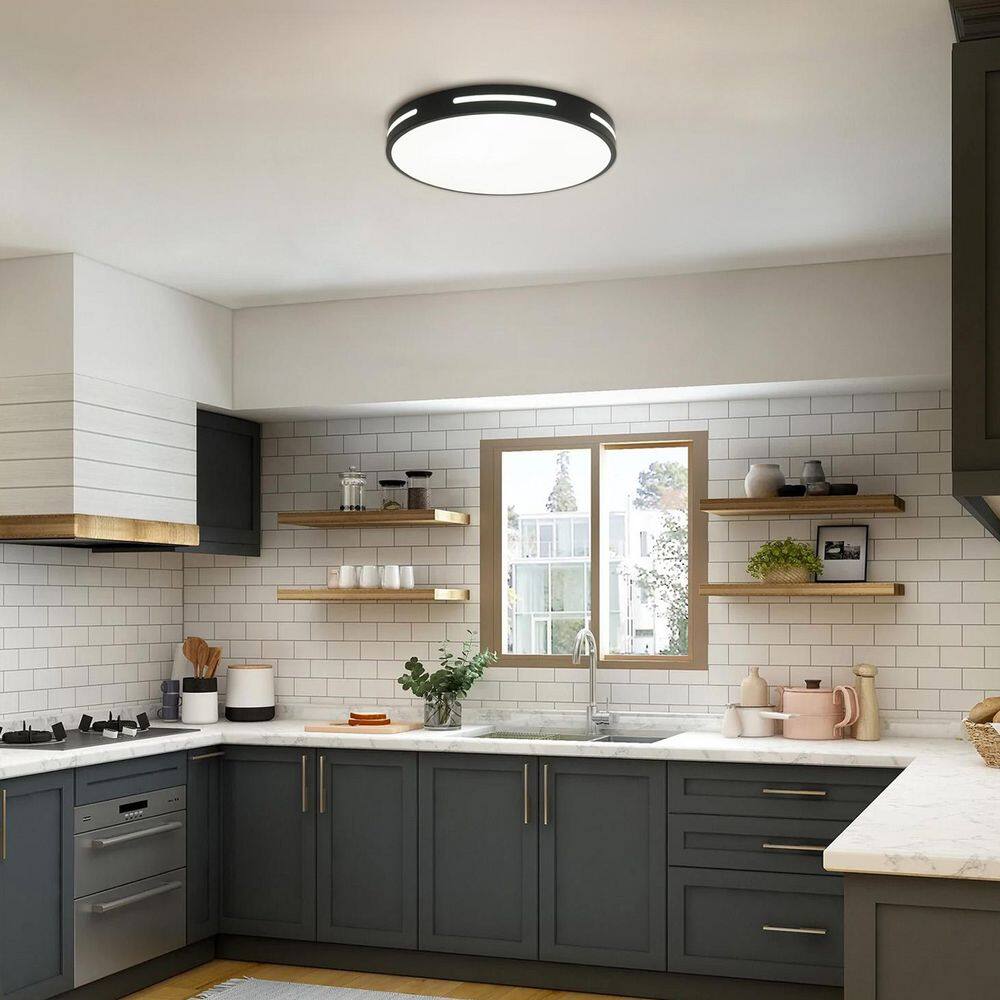 11.8 in. 1-Light LED Flush Mount Ceiling Light 24-Watt Close to Ceiling Light with PS Shade, Black - Hercitys