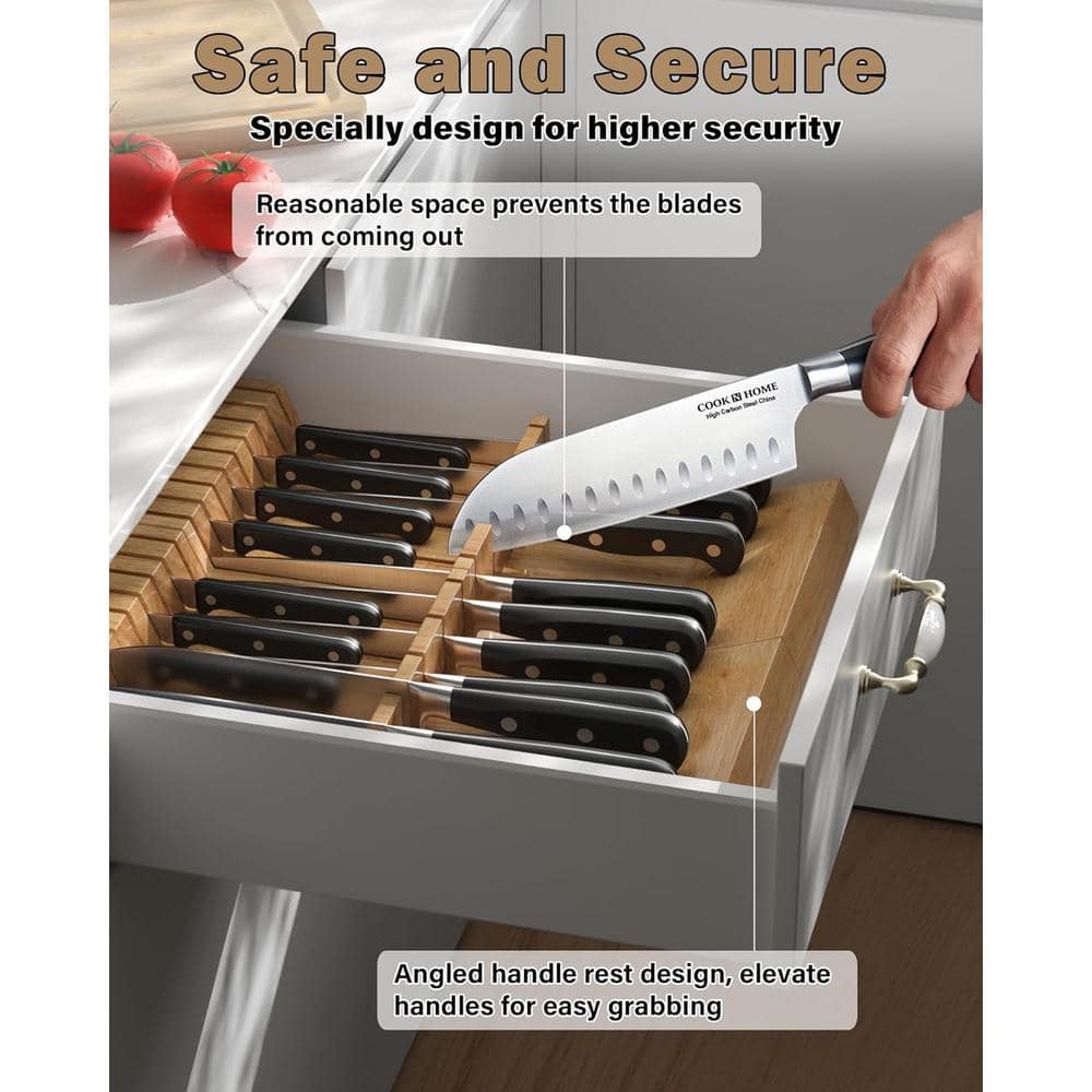 18-Slot In-Drawer Wood Kitchen Knife Cutlery Holder, Holds up to 18 Knives (Not Included), Yellow (2-Pieces 9-Slot) - Hercitys