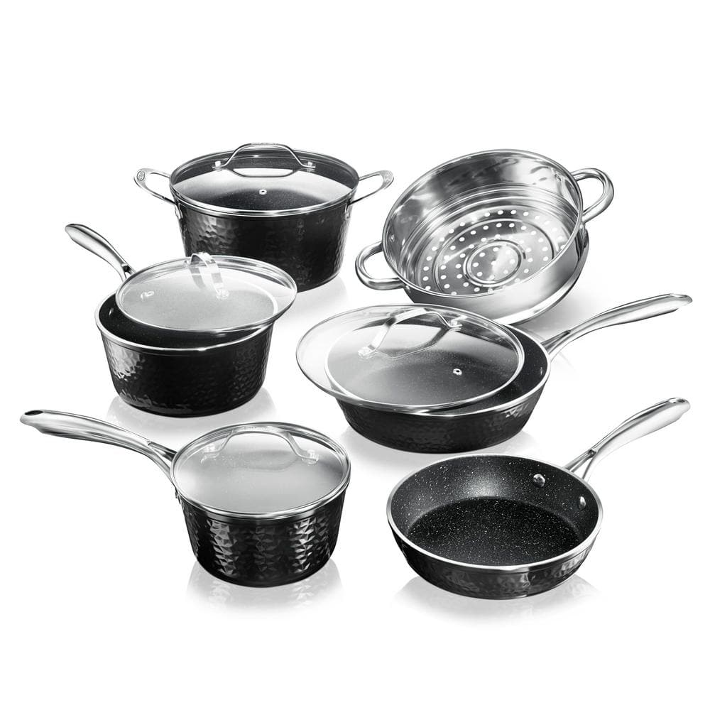 10-Piece Aluminum Hammered Ultra-Durable Non-Stick Diamond Infused Cookware Set in Black - Hercitys