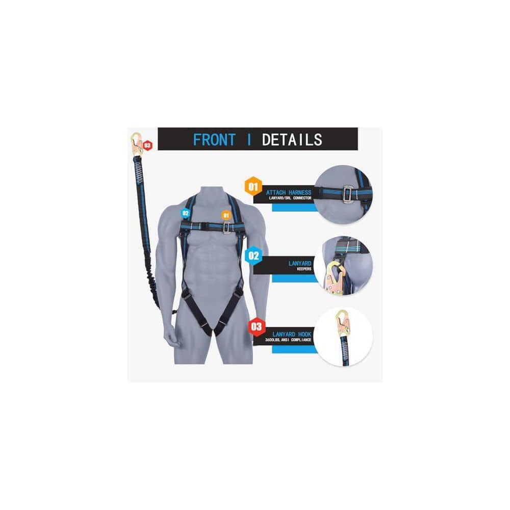 3 pt Full Body Safety Harness Kit with 6 ft. Shock Absorbing Lanyard Snap Hook for Construction Roofing Scaffolding Use - Hercitys
