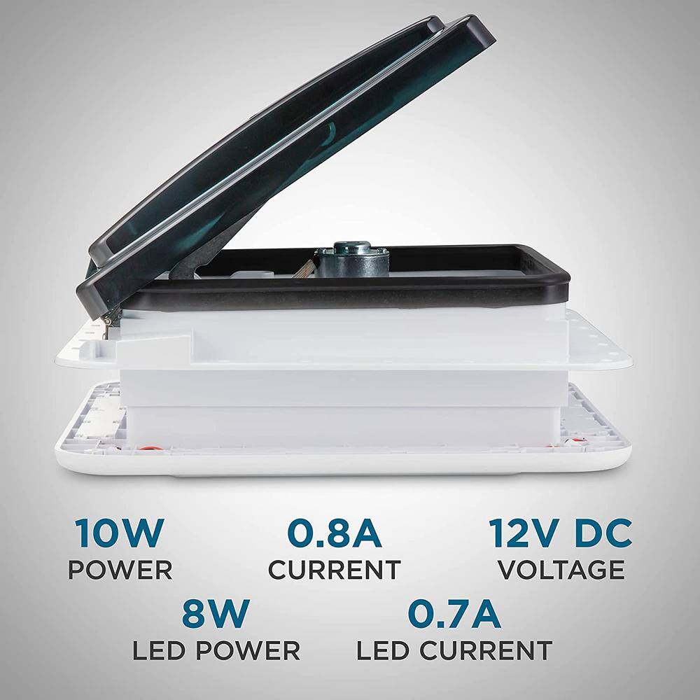 2.9 in. x 14 in. Manual RV Roof Vent Fan with 3-Speeds and LED Light – Smoked Lid - Hercitys