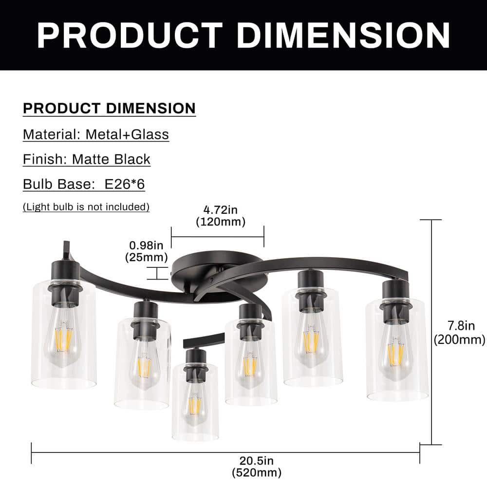 20.5 in. Black Semi-Flush Mount, 6-Light Industrial Ceiling Light, Hallway Light Fixtures with Clear Glass Shades - Hercitys