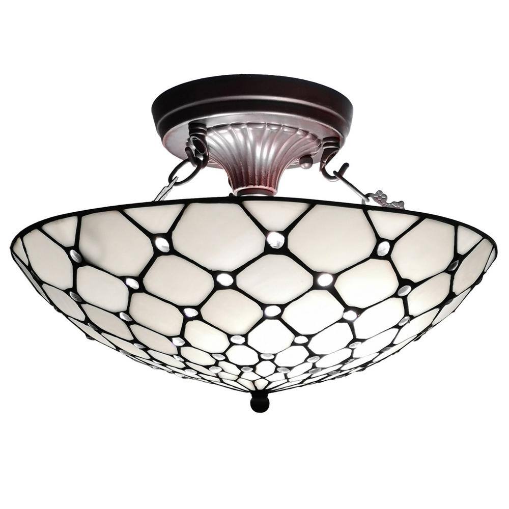 16 in. 2-Light White Tiffany Style Jeweled Flush Mount Ceiling Fixture Lamp - Hercitys