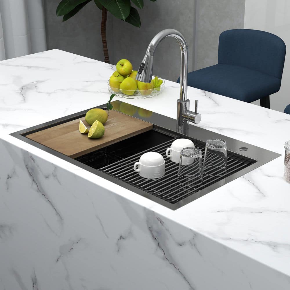 33 in. Drop-In/Undermount Single Bowl 16 Gauge Gunmetal Black Stainless Steel Kitchen Sink with Bottom Grids - Hercitys