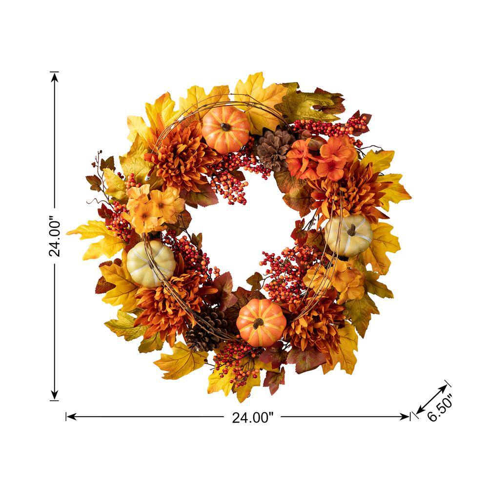 24 in. D Fall Unlit Dahlia Pumpkin, Leaf and Berry Wreath - Hercitys