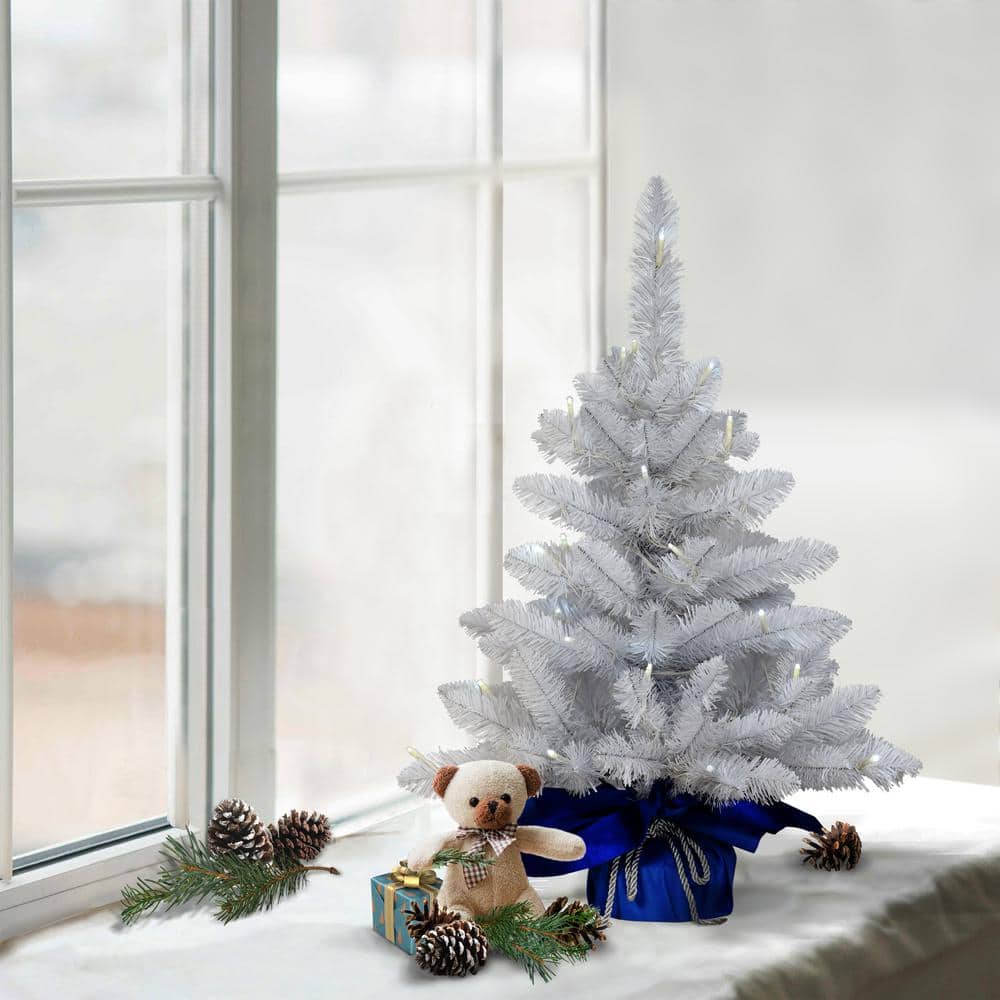2 ft. White Prelit Table Top Artificial Christmas Tree with 35 Lights in Blue Sac - Hercitys