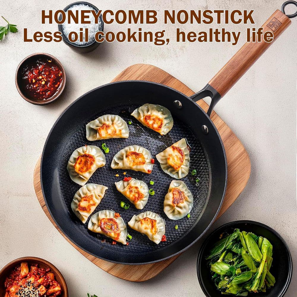10 in. Cast Iron Nonstick Frying Pan Skillet with Detachable Acacia Wooden Handle, Honeycomb Non Stick Omelet Egg Pan - Hercitys