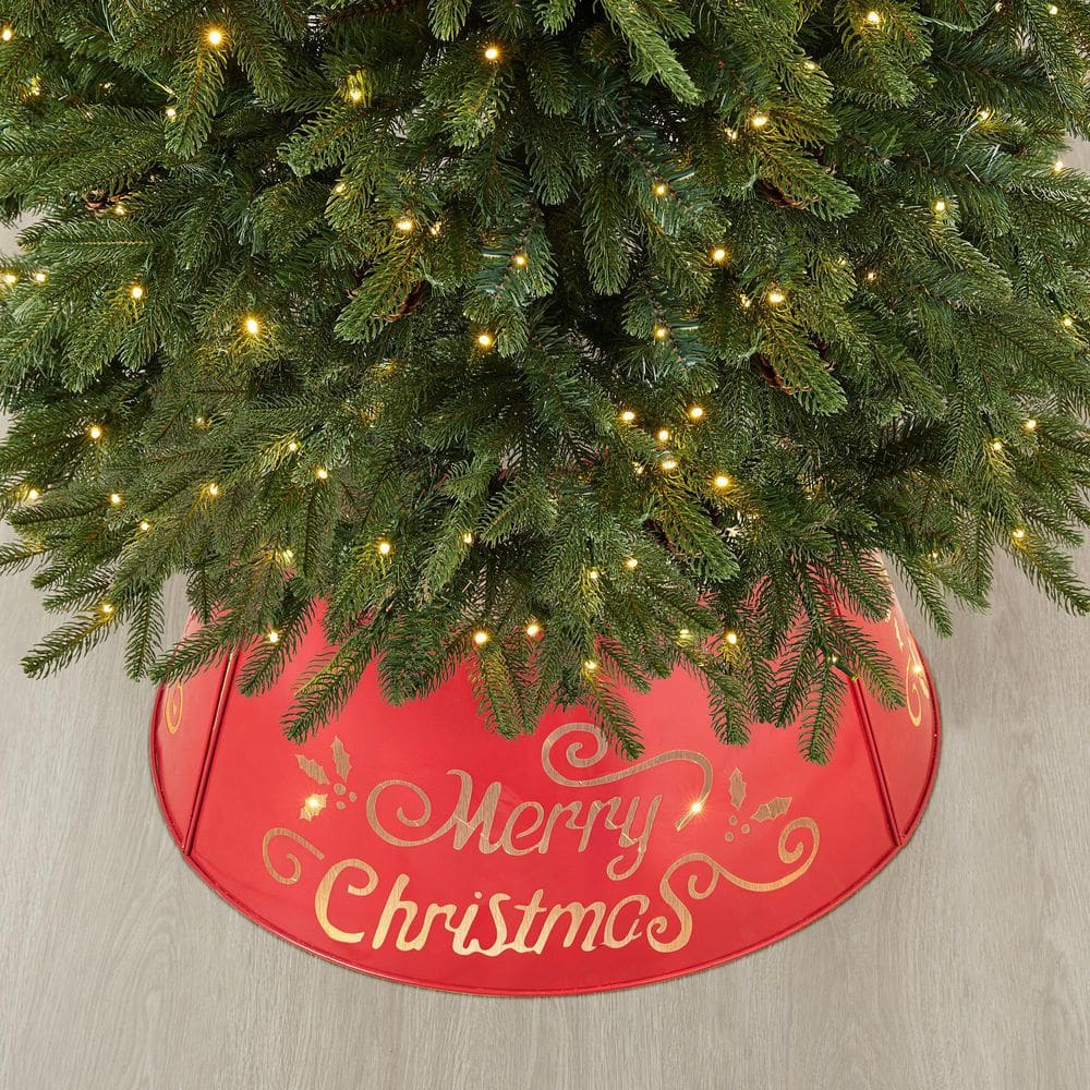 26 in. Dia Merry Christmas Diecut Metal Tree Collar with Light String(KD) - Hercitys
