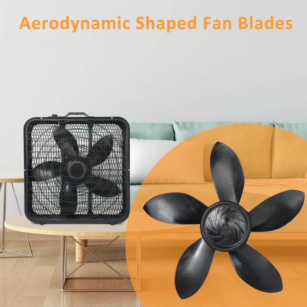 20 in. 3-Fan Speeds Box Fan in Black Finish Cooling Table Fan Aerodynamic Fan Blades with Carry Handle and Safety Grills - Hercitys