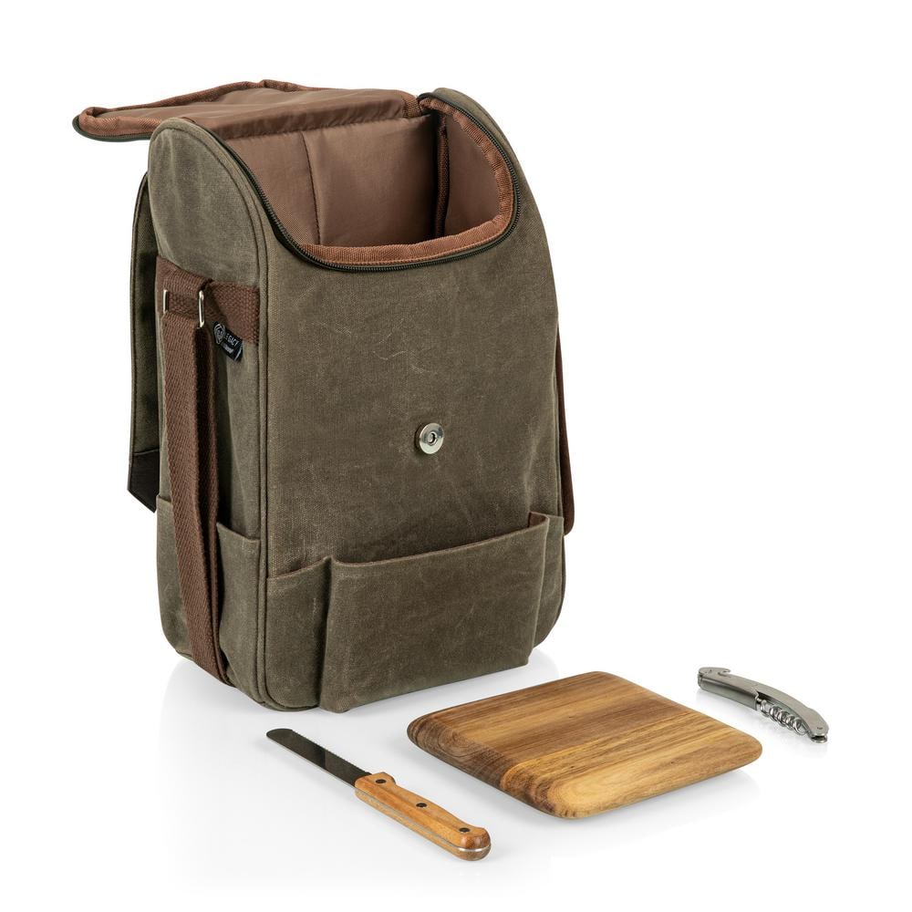 2-Bottle Khaki Green Waxed Canvas Wine Cooler Bag and Cheese Board Set - Hercitys