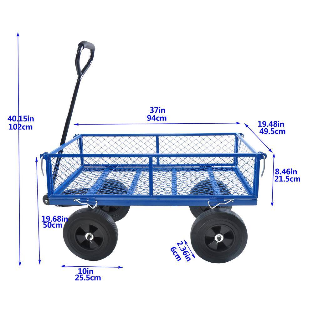 3.5 cu. ft. Steel Garden Cart, Utility Tools Cart Wagon Cart with 10 in. Solid Tires and Removable Sides, Blue - Hercitys