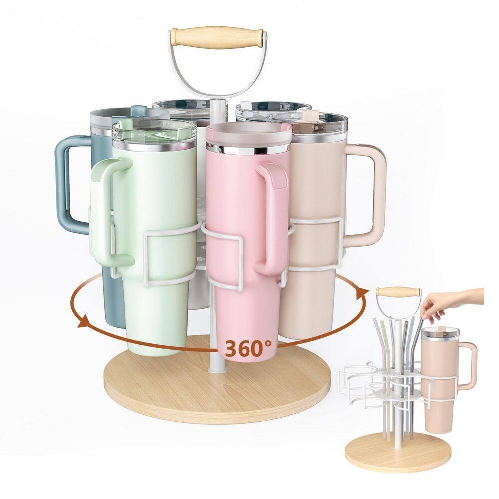 40 oz. Cup Organizer with Handle, White Rotating Mug Tree, Water Bottle Storage Rack with Non-Slip Pad - Hercitys