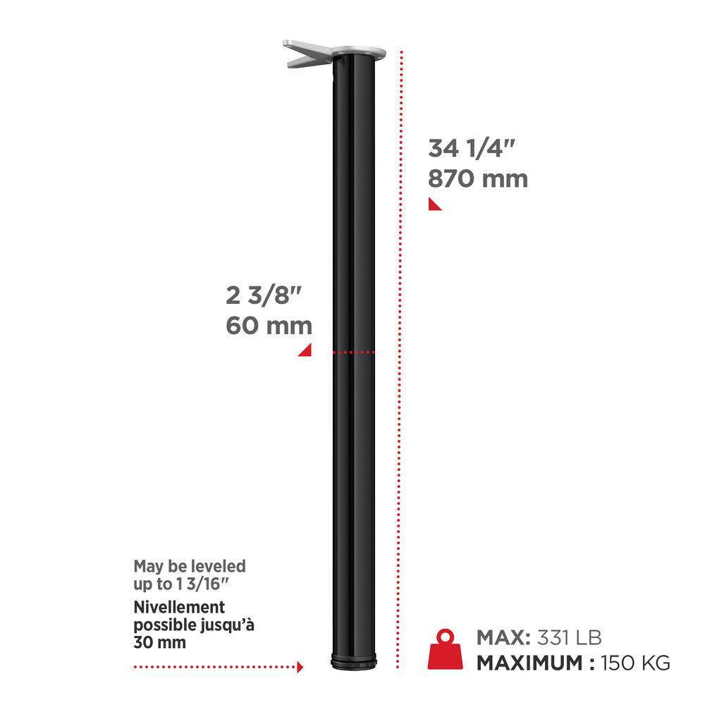 34 1/4 in. (870 mm) Black Metal Round Table Leg with Leveling Glide - Hercitys