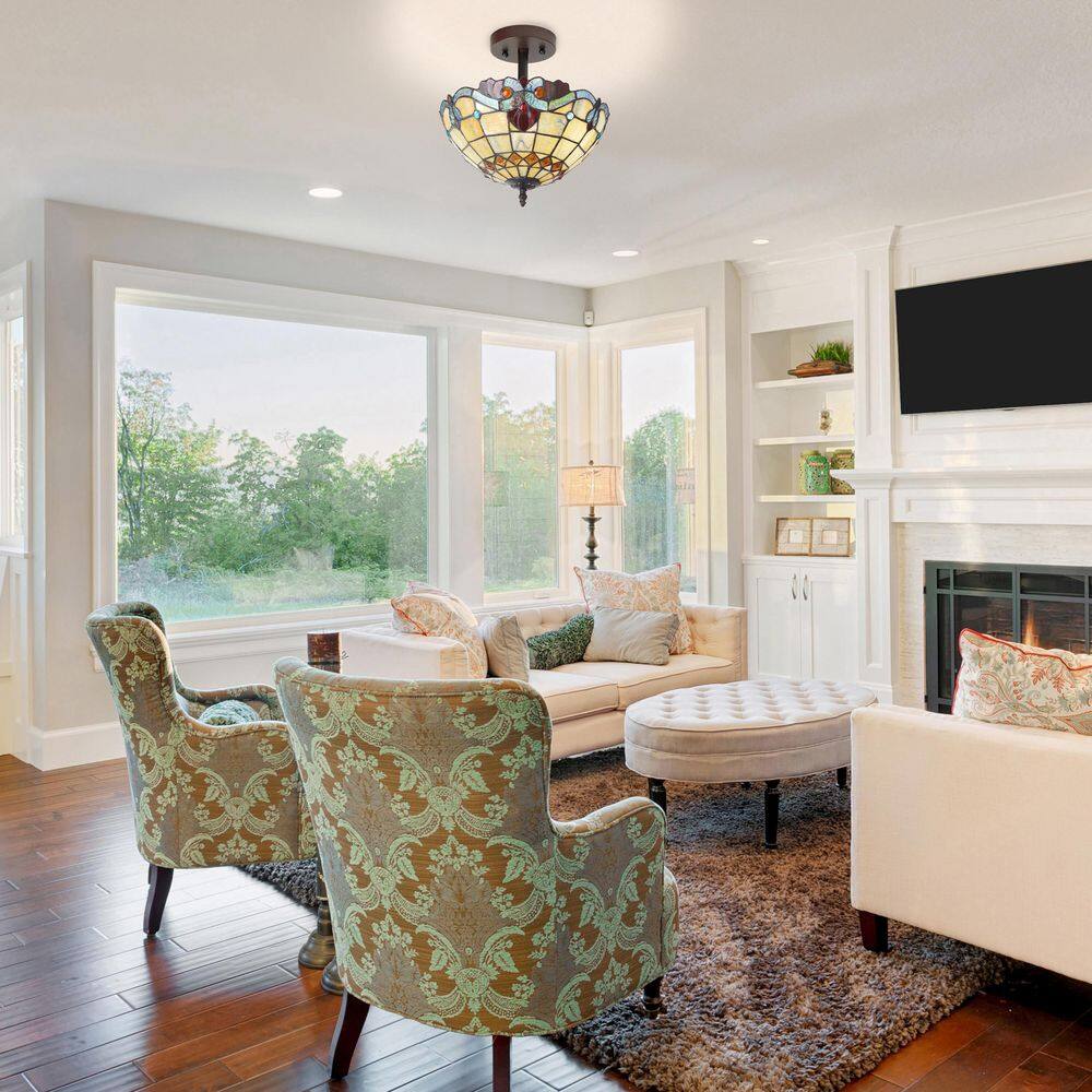 13 in. Tiffany Stained Glass Semi-Flush Mount Ceiling Light with Red and Amber Bowl Shade - Hercitys