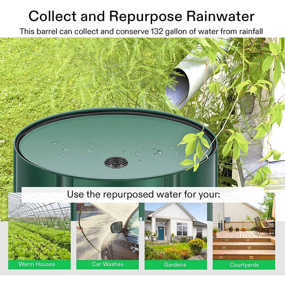 132 Gal. Collapsible Rain Barrel with wo Spigots and Overflow Kit in Green - Hercitys