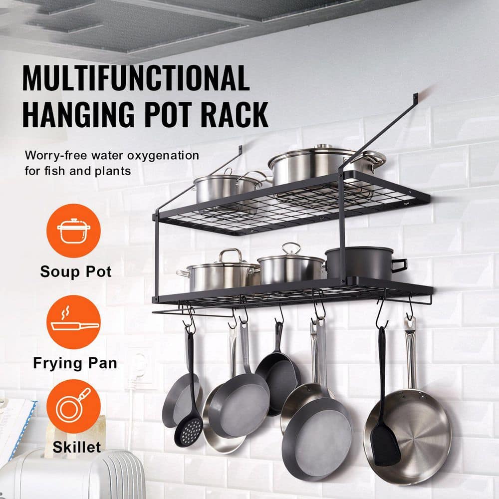 30 in. Black Wall Mounted Pot Rack with 12 S Hooks, 2-Tier Pot and Pan Hanging Rack - Hercitys