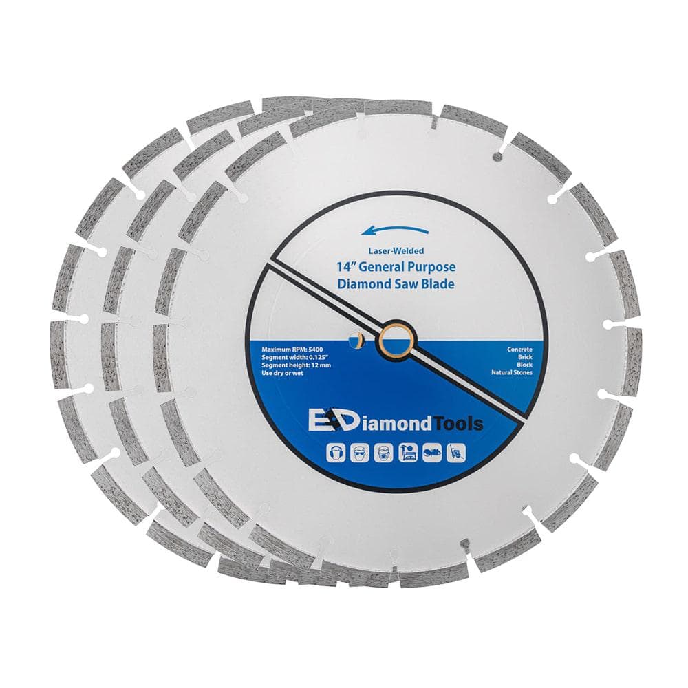 14 in. Laser Welded Segmented Rim Diamond Saw Blade for Concrete Brick Block, Masonry and Stone, 1 in. Arbor (3-Pk) - Hercitys