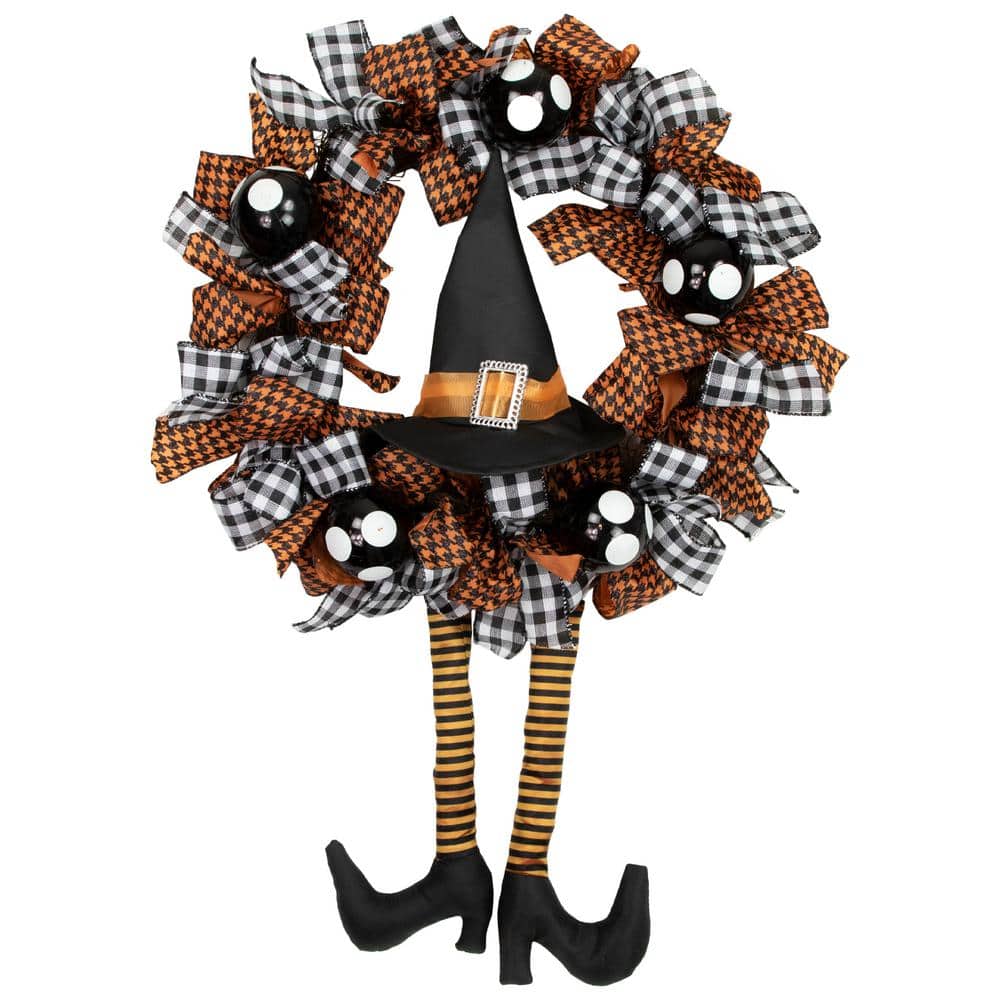 24 in. Orange and Black Witch with Bows Halloween Wreath Unlit - Hercitys
