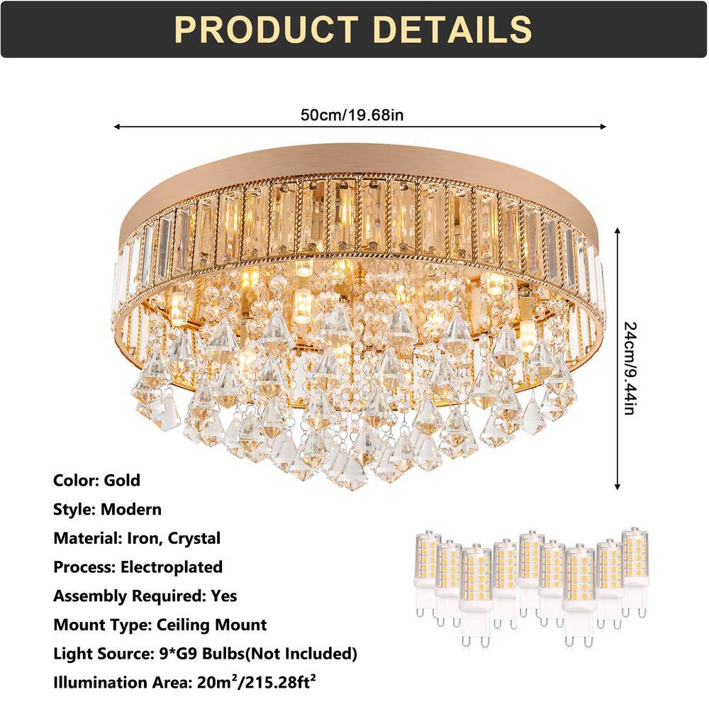 19.68 in. 9-Light Gold Modern Round Flush Mount Ceiling Light with Clear Crystal Shade and No Bulbs Included - Hercitys