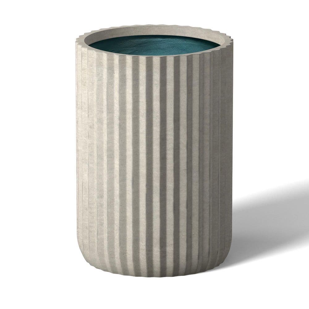 14 in. Large Light Gray (Enhanced Interior) Concrete Round Planter/Pot with Drainage Holes and Vertical Ribbed Texture - Hercitys
