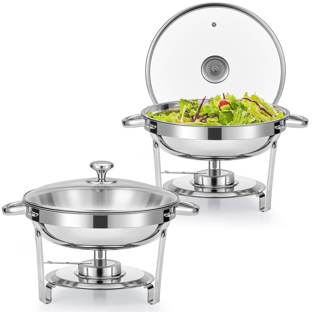 2-Pack 5 qt. Stainless Steel Round Chafing Dishes Buffet Set with Glass Lid Holder - Hercitys