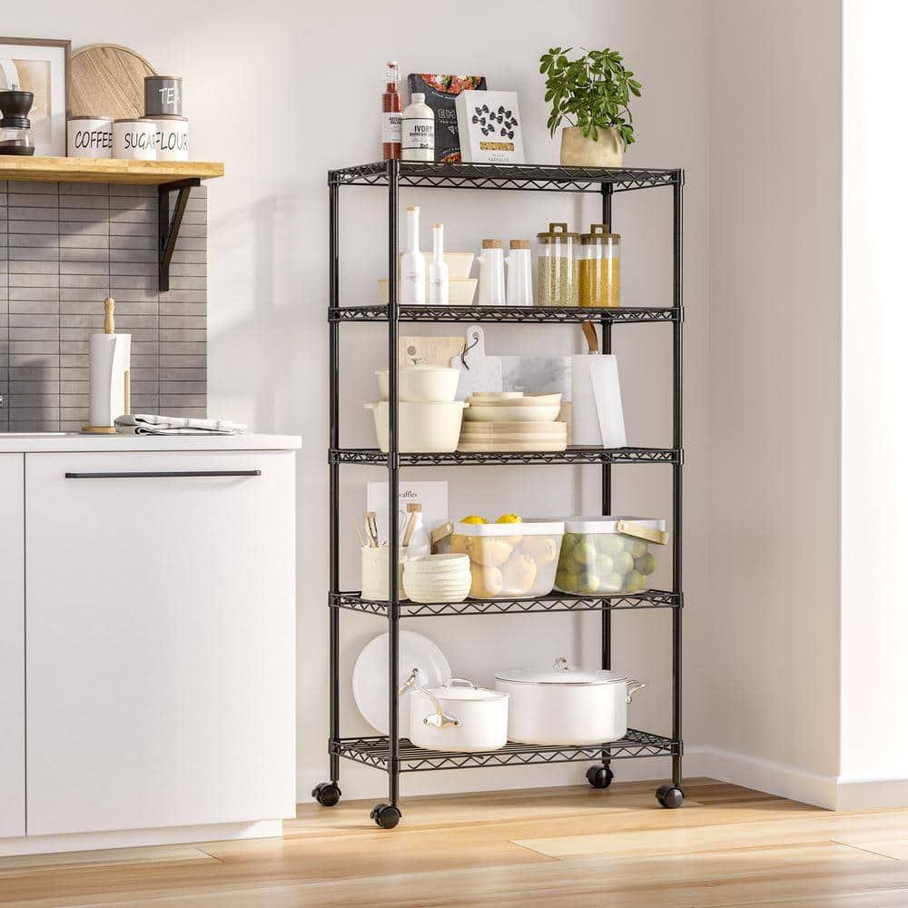 5-Tier Steel Wire Shelving System in Black (30 in. W x 14 in. D x 60 in. H) - Hercitys