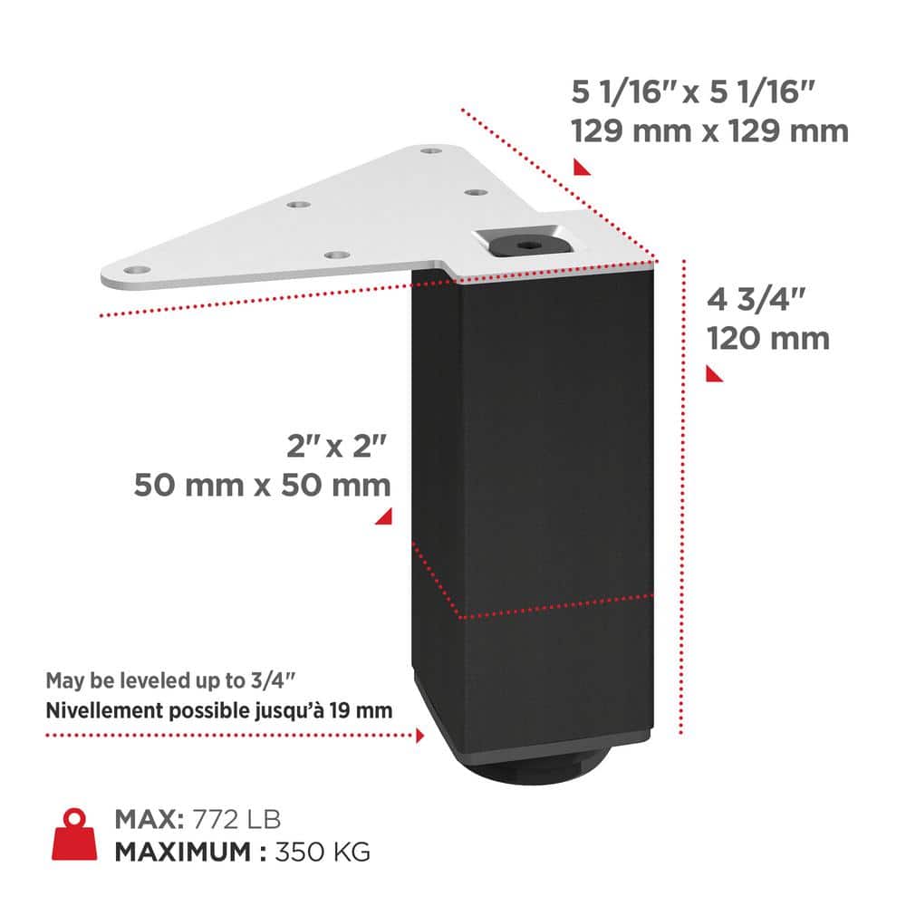 (4-Pack) 4 3/4 in. (120 mm) Matte Black Metal Square Furniture Leg with Leveling Glide - Hercitys