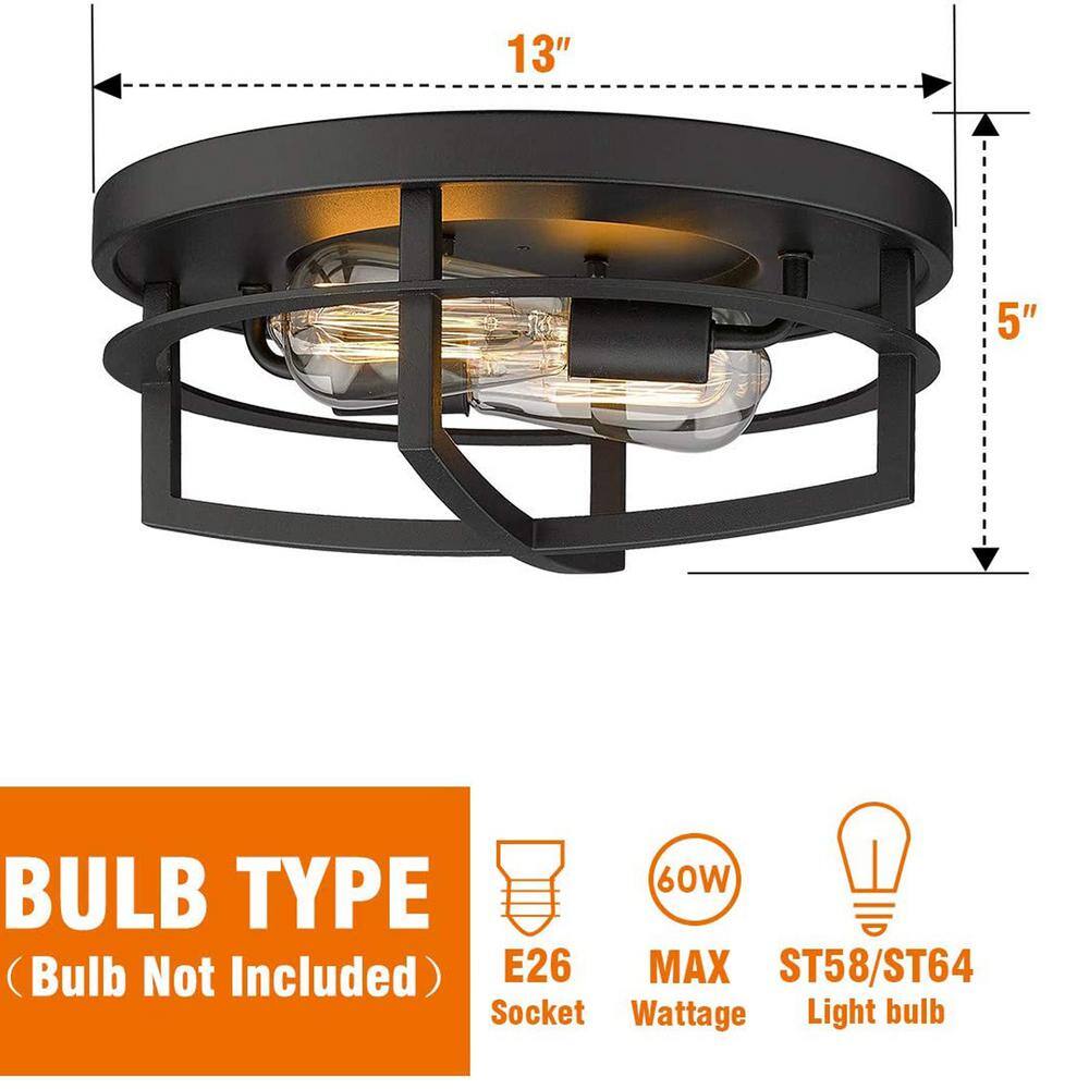 13 in. 2-Light Black Flush Mount with Metal Shade - Hercitys