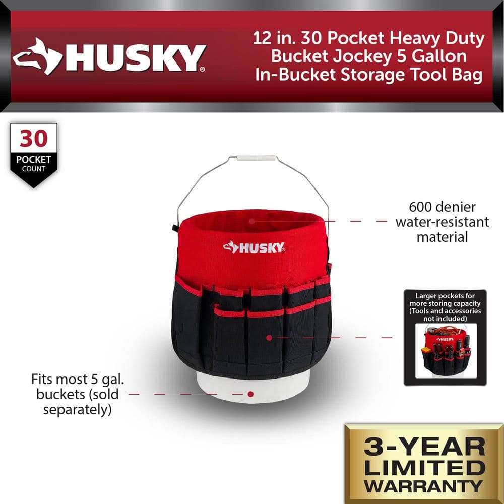 12 in. 30 Pocket Heavy Duty Bucket Jockey 5 Gallon In-Bucket Storage Tool Bag - Hercitys