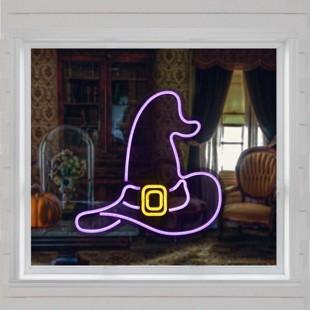 15 in. Purple LED Lighted Neon Style Witch Hat Halloween Window Silhouette - Hercitys