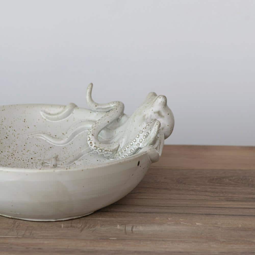13.75 in. 91.3 fl.oz White Speckled Stoneware Octopus Serving Bowl - Hercitys